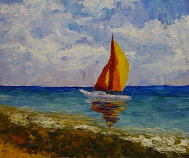 Painting titled "The Sailboat" by Larissa Lukaneva, Original Artwork, Oil