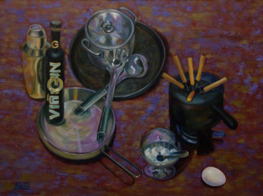 Painting titled "Still Life with Met…" by Larissa Lukaneva, Original Artwork, Oil