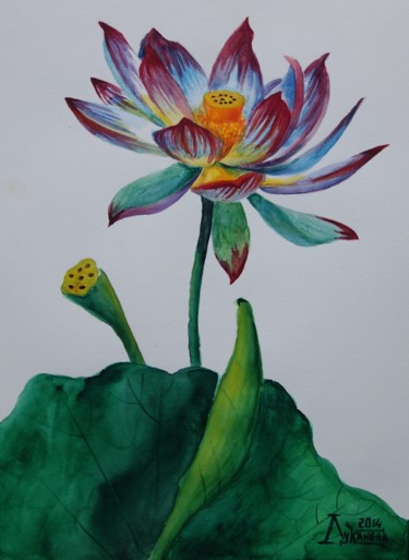 Painting titled "The Lotus" by Larissa Lukaneva, Original Artwork, Watercolor