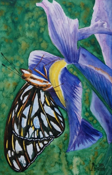 Malerei mit dem Titel "The Butterfly on Ir…" von Larissa Lukaneva, Original-Kunstwerk, Aquarell