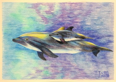 Dessin intitulée "Семья дельфинов" par Larissa Lukaneva, Œuvre d'art originale, Crayon