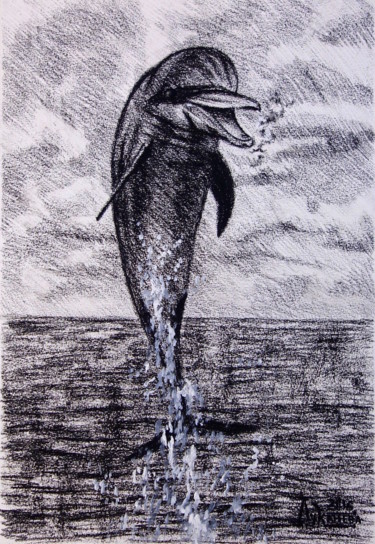 Disegno intitolato "Дельфин" da Larissa Lukaneva, Opera d'arte originale, Carbone