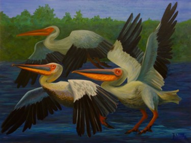 Peinture intitulée "Пеликаны" par Larissa Lukaneva, Œuvre d'art originale, Huile