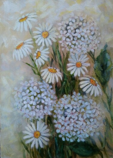 Painting titled "WHITE FLOWERS" by Ilgonis Rinkis, Original Artwork, Oil