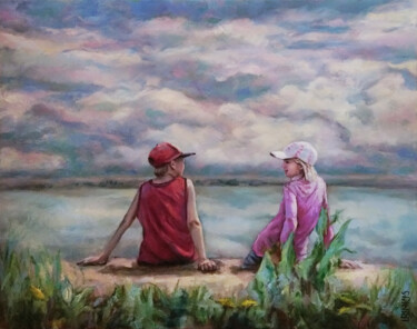 Painting titled "CHILDREN BY THE RIV…" by Ilgonis Rinkis, Original Artwork, Oil