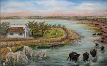 Painting titled "N° 341  CAMARGUE 1" by Enio Maccazzola, Original Artwork, Oil Mounted on Wood Stretcher frame