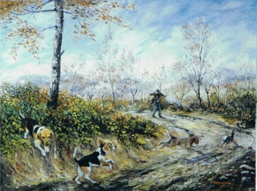 Painting titled "157-chasse-au-lapin…" by Enio Maccazzola, Original Artwork, Oil