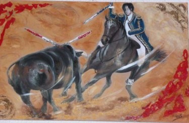 Peinture intitulée "Corrida à cheval" par Muriel Vic, Œuvre d'art originale
