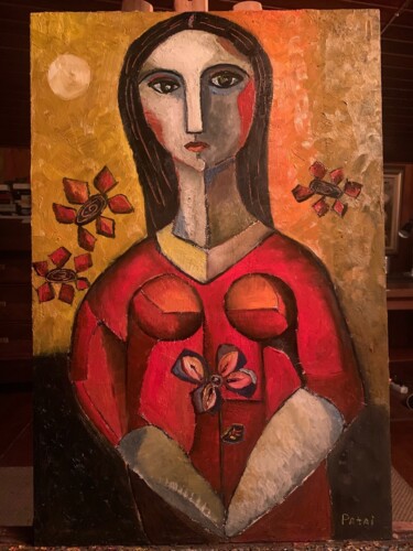 Peinture intitulée "dona amb 3 lliris" par Enric Hernaez, Œuvre d'art originale, Huile