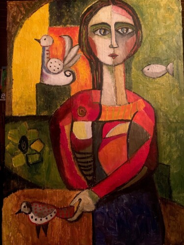 Pittura intitolato "dos ocells i un peix" da Enric Hernaez, Opera d'arte originale, Olio