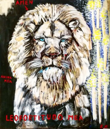 Painting titled "Leo fortitudo mea" by Enrica Badas, Original Artwork, Acrylic Mounted on Wood Stretcher frame