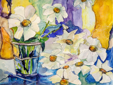 Painting titled "Marguerites" by Enrica Chieregatti, Original Artwork, Watercolor