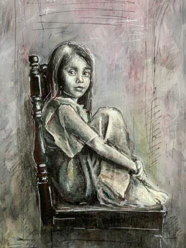 Painting titled "La Bambina sulla Se…" by Enrica Toffoli, Original Artwork, Acrylic Mounted on Wood Panel