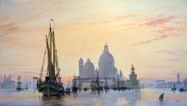 Painting titled "Veduta di Venezia c…" by Enrico Romagnolo, Original Artwork, Oil Mounted on Wood Stretcher frame