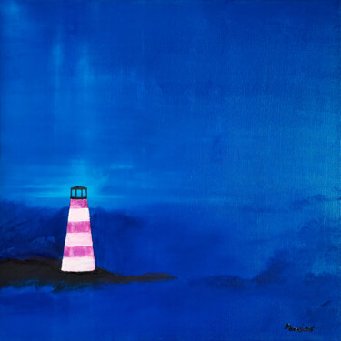 Painting titled "faro nel blue" by Enrico Torricelli, Original Artwork, Oil Mounted on Wood Stretcher frame