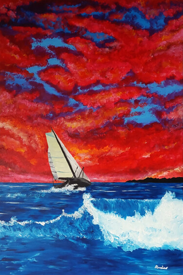 Painting titled "navigando al tramon…" by Enrico Torricelli, Original Artwork, Acrylic Mounted on Wood Stretcher frame