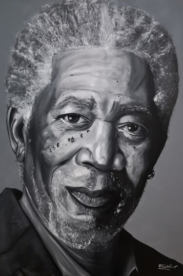Painting titled "Morgan Freeman" by Enrique Escolar Hernández, Original Artwork, Oil Mounted on Wood Stretcher frame