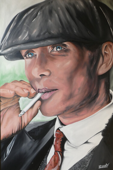 Schilderij getiteld "Thomas Shelby" door Enrique Escolar Hernández, Origineel Kunstwerk, Olie Gemonteerd op Frame voor houte…