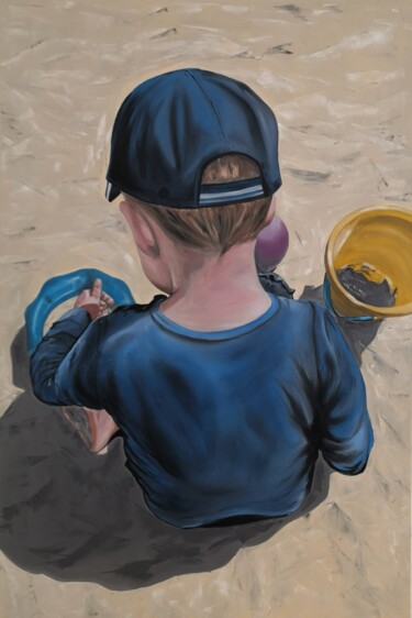 Painting titled "Playing on the sand" by Enrique Escolar Hernández, Original Artwork, Oil Mounted on Wood Stretcher frame