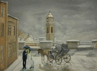 Painting titled "matrimonio innevato" by Enzo Cadeddu (Cadenzo), Original Artwork, Oil Mounted on Wood Stretcher frame