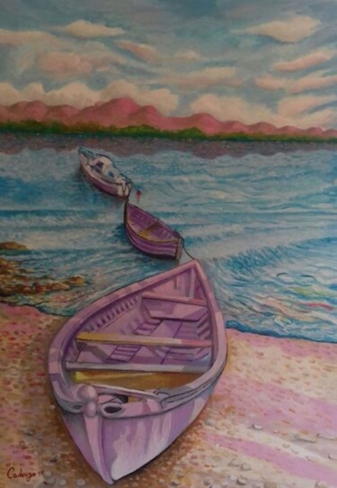 Painting titled "Tre barche" by Enzo Cadeddu (Cadenzo), Original Artwork, Watercolor Mounted on Cardboard