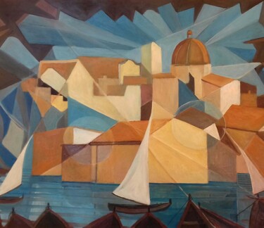 Painting titled "La mia Città" by Enzo Cadeddu (Cadenzo), Original Artwork, Oil Mounted on Wood Panel