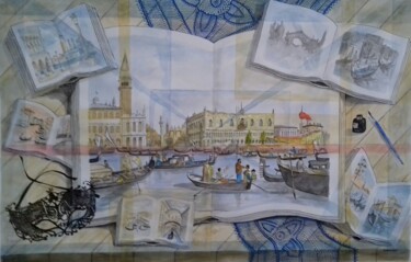 Painting titled "Libri aperti su Ven…" by Enzo Cadeddu (Cadenzo), Original Artwork, Watercolor Mounted on Wood Panel