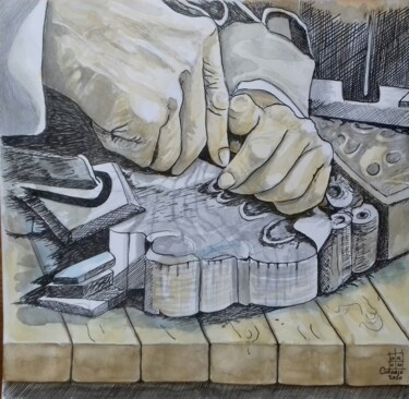 Painting titled "mani d'Artista" by Enzo Cadeddu (Cadenzo), Original Artwork, Watercolor Mounted on Cardboard