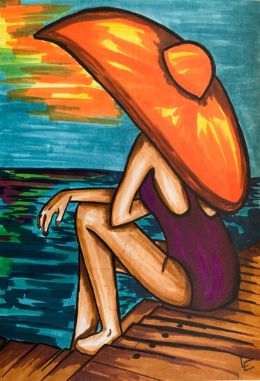 Sexy woman purple swimsuit with hat on jetty orange sunset Dessin intitulée "Sexy woman purple s…" par Ep El, Œuvre d'art originale, Marqueur