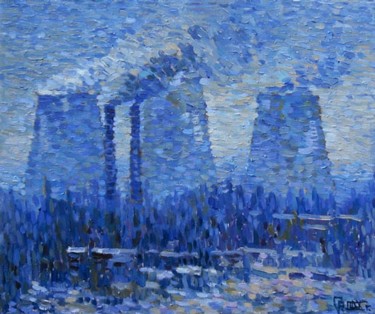 Painting titled "Cooling tower. Fog." by Epimitreus, Original Artwork, Oil