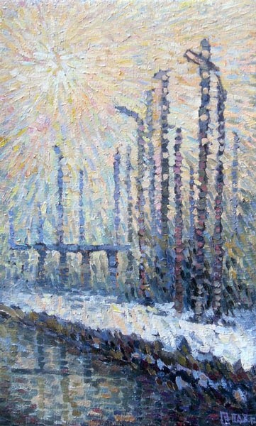 Painting titled "Early spring - sunn…" by Epimitreus, Original Artwork, Oil