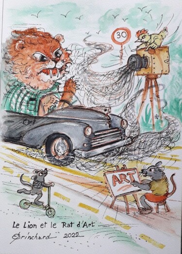 Dessin intitulée "Le Lion et le Rat-d…" par Christian    Eprinchard, Œuvre d'art originale, Aquarelle
