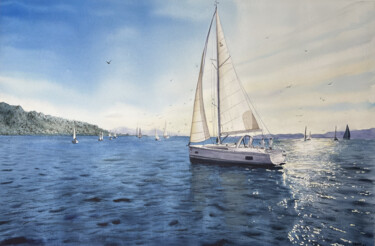 Painting titled "Sailboats on the Se…" by Erkin Yılmaz, Original Artwork, Watercolor