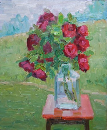 Painting titled "Букет роз. Дождливы…" by Vera Emelyanova, Original Artwork, Oil