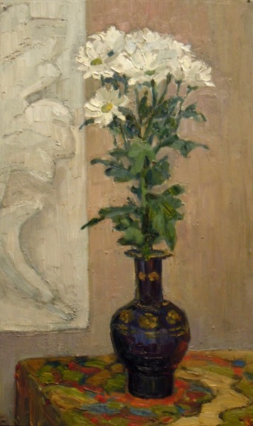 Картина под названием "Белые хризантемы/Wh…" - Vera Emelyanova, Подлинное произведение искусства, Масло
