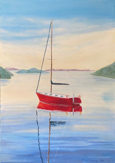 Картина под названием "A Red Sailing Boat" - Erdal Bölükbaşı, Подлинное произведение искусства, Масло