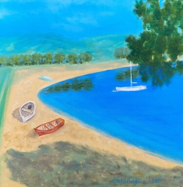 "Kumsalda Kayıklar" başlıklı Tablo Erdal Bölükbaşı tarafından, Orijinal sanat, Petrol