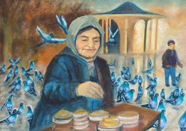 Painting titled "Pigeons and Old Wom…" by Erdal Bölükbaşı, Original Artwork, Oil Mounted on Wood Panel