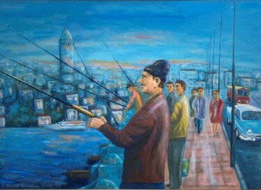 Pintura titulada "Galata Köprüsünde B…" por Erdal Bölükbaşı, Obra de arte original, Oleo Montado en Bastidor de camilla de m…