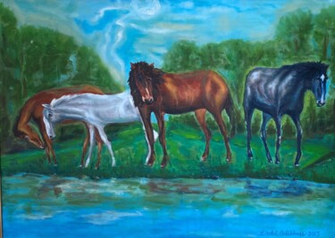 Pintura titulada "Yılkı Atları (Wild…" por Erdal Bölükbaşı, Obra de arte original, Oleo Montado en Bastidor de camilla de ma…