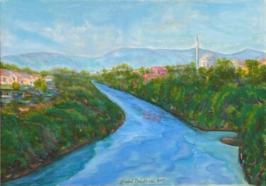 Painting titled "Neretva River, Most…" by Erdal Bölükbaşı, Original Artwork, Oil Mounted on Wood Stretcher frame