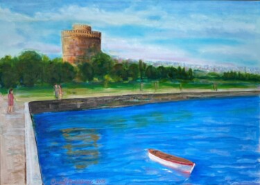 Painting titled "White Tower, Thessa…" by Erdal Bölükbaşı, Original Artwork, Oil Mounted on Cardboard