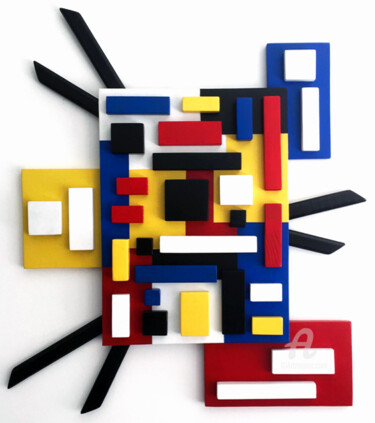 Skulptur mit dem Titel "Mondrian 3D  - Abst…" von Mimi Eres, Original-Kunstwerk, Holz