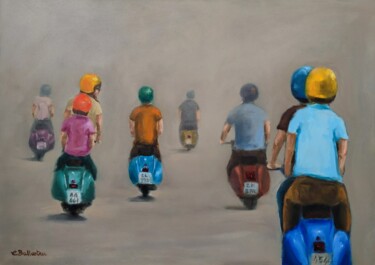 Balade en vespa Painting titled "Balade en vespa" by Eric Ballestra, Original Art, Oil