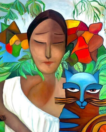 Painting titled "Woman with a Cats." by Eric Borel, Original Artwork, Oil