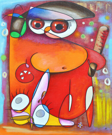 Painting titled "Flic rouge sur Gile…" by Eric Bourdon, Original Artwork, Acrylic Mounted on Wood Stretcher frame