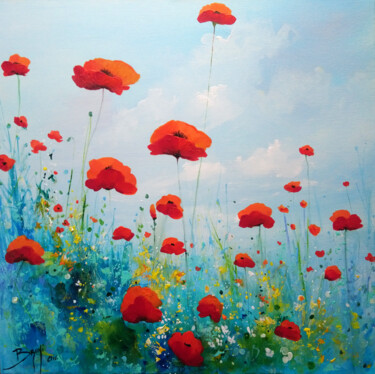 Painting titled "Coquelicots d'amour" by Eric Bruni, Original Artwork, Acrylic Mounted on Wood Stretcher frame