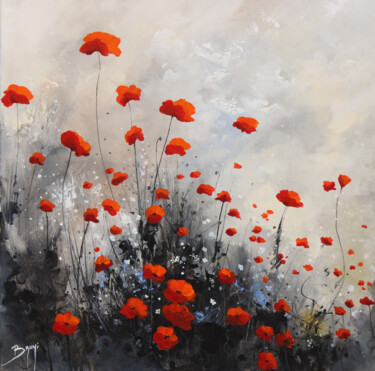 Painting titled "Coquelicots mélanco…" by Eric Bruni, Original Artwork, Acrylic Mounted on Wood Stretcher frame
