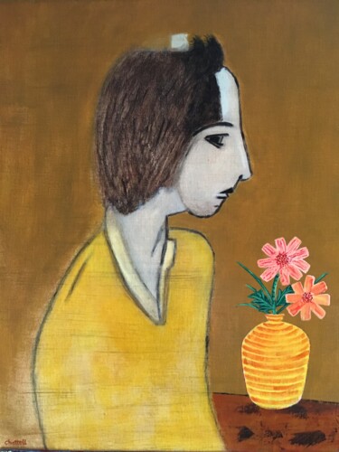Painting titled "Girl with Flowers" by Eric Chattell, Original Artwork, Acrylic
