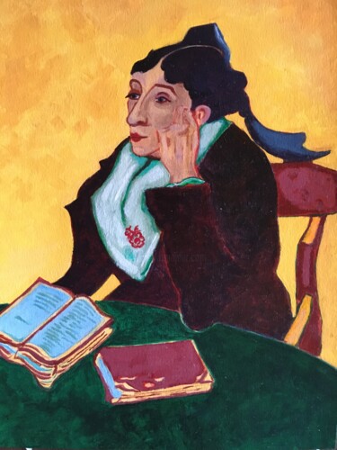 Painting titled "Woman with Book" by Eric Chattell, Original Artwork, Acrylic Mounted on Other rigid panel